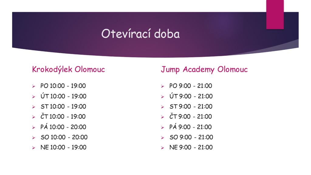 Otevírací doba Jump Academy oproti Krokodýlek Olomouc